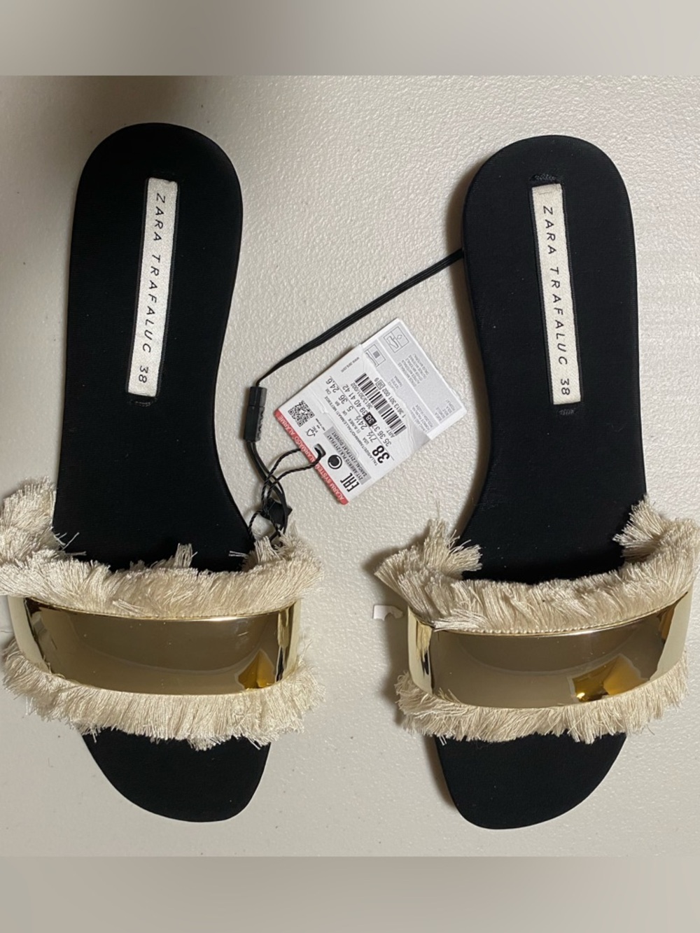 NWT Zara Beige Fringe Metallic Slide Sandals